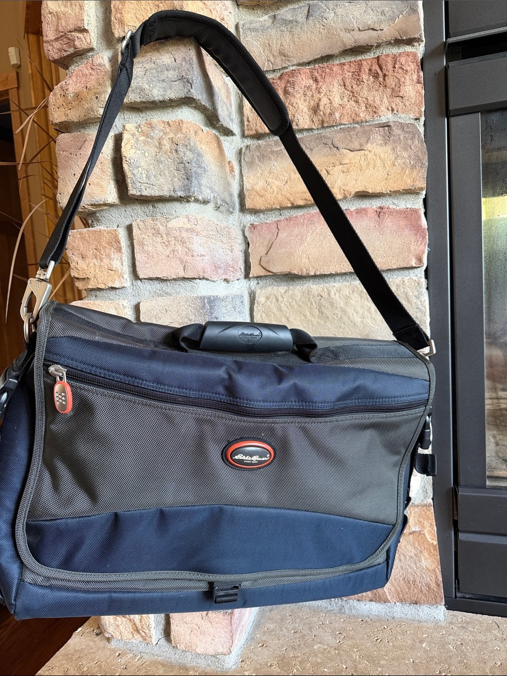 Eddie Bauer Navy, Gray & Black Messenger Bag with Red Accent